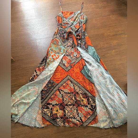 NWT Organic Viscose Boho Maxi Dress | Adjustable Wrap Palazzo Gown with Slits - Picture 13 of 13